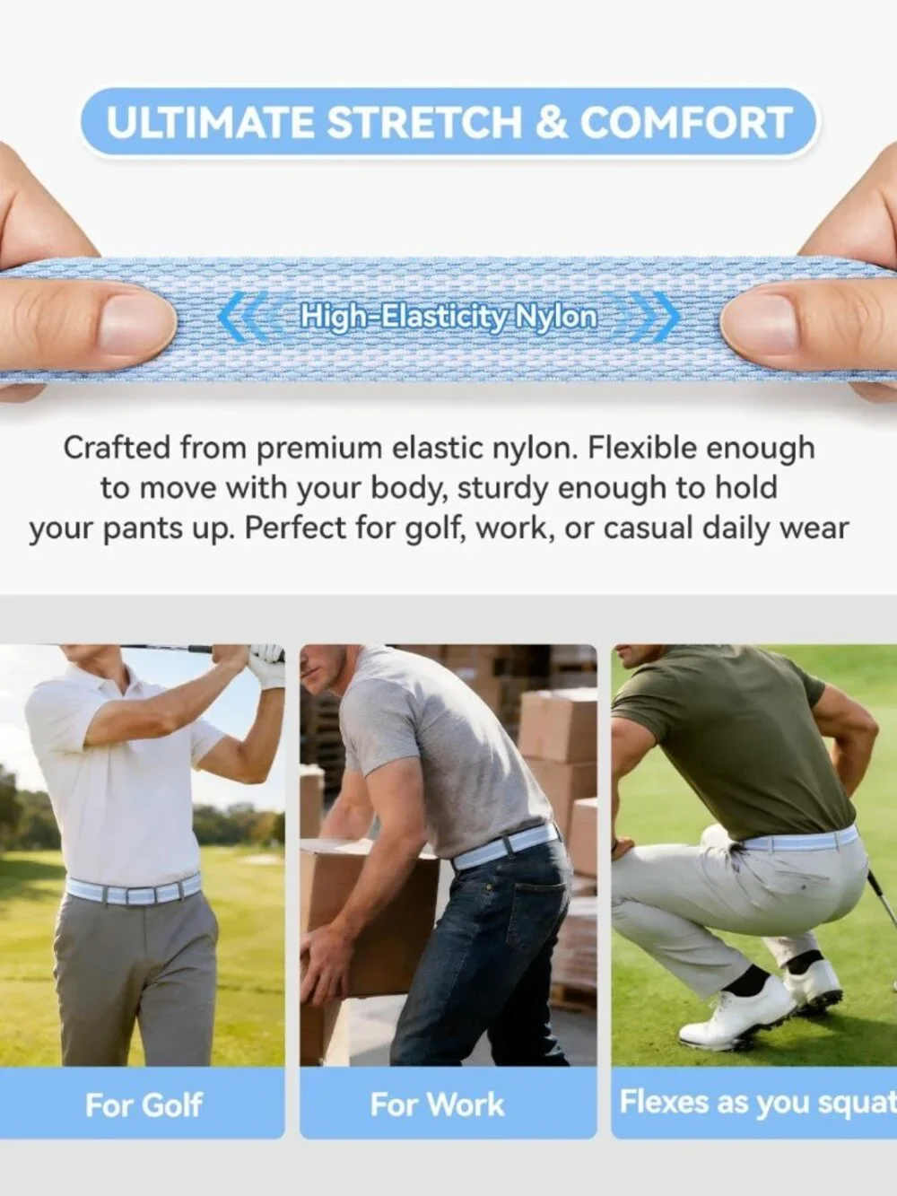 Reversible 2-in-1 Stretch Braided Golf Belt for Men, Holeless Elastic Web, 1.3